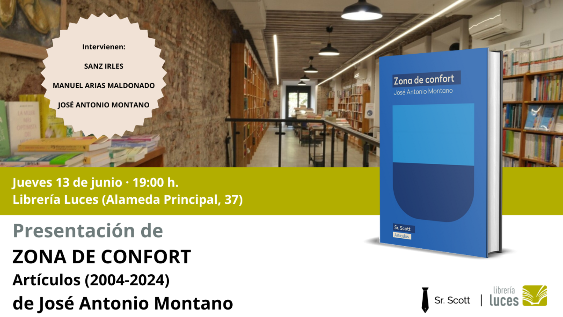Presentación en Luces de 'Zona de confort', libro de José Antonio Montano. Sanz Irles y Manuel Arias Maldonado acompañan al autor.