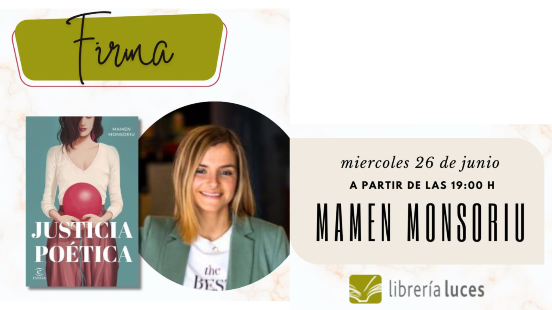 El miércoles 26 de junio a las 19:00 horas tendremos en lunes a Mamen Monsoriu firmando ejemplares de su novela 'Justicia Poética'.