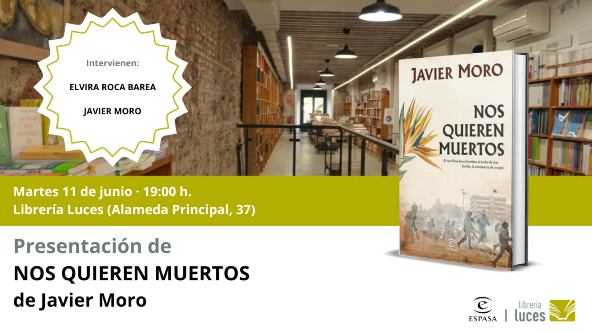Presentación en Luces de Nos quieren muertos, novela de Javier Moro publicada por Espasa. Elvira Roca Barea acompaña al autor.
