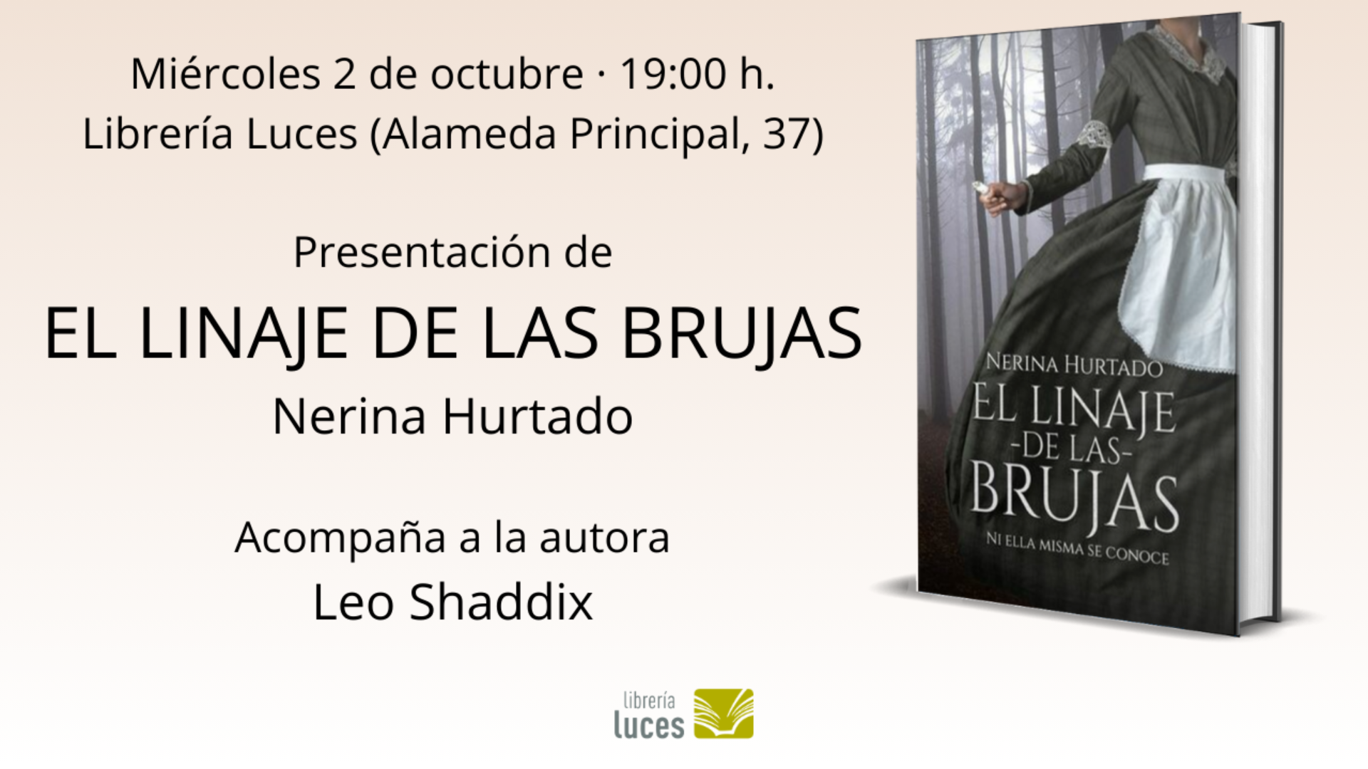 Presentación en Luces de El linaje de las brujas, novela de Nerina Hurtado. Leo Shaddix acompaña a la autora.